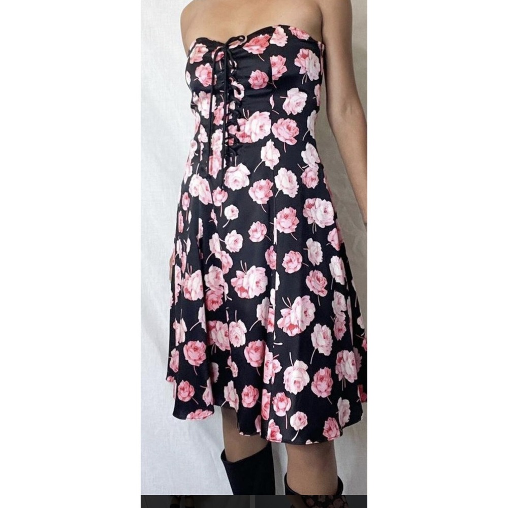 Betsey Johnson Vintage 90s Silk Floral Strapless Lace Up Midi Dress Pink Black 8